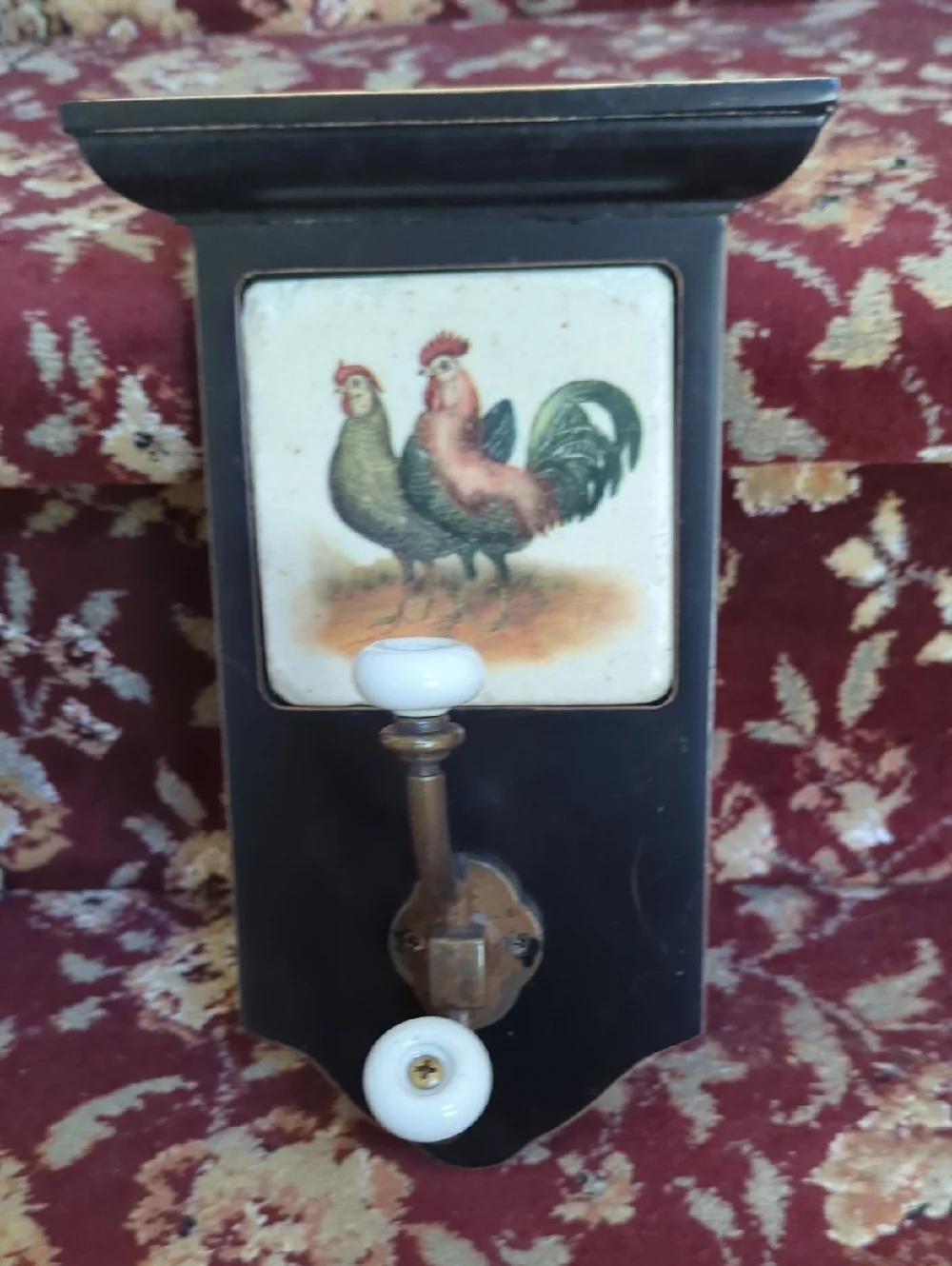 Black Wall Hook with Rooster Tile Accent and White Ceramic Knobs